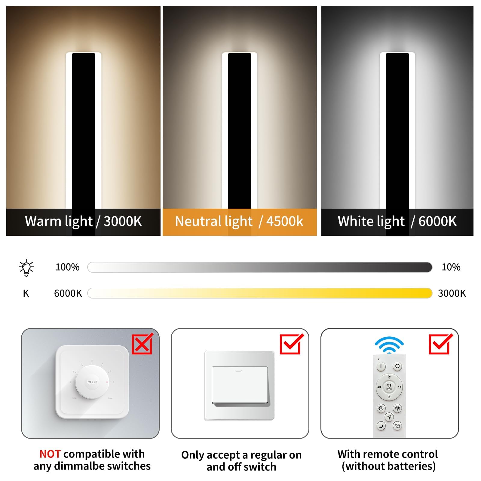 Mikeru 80CM Dimmable Outdoor Wall Light, Acrylic Wall Light IP64 Rainproof 3000K/4500K/6000K Wall-Mounted Minimalist Sconce Lights Remote Control (Without Battery) for Shop Exterior Walls — view 2