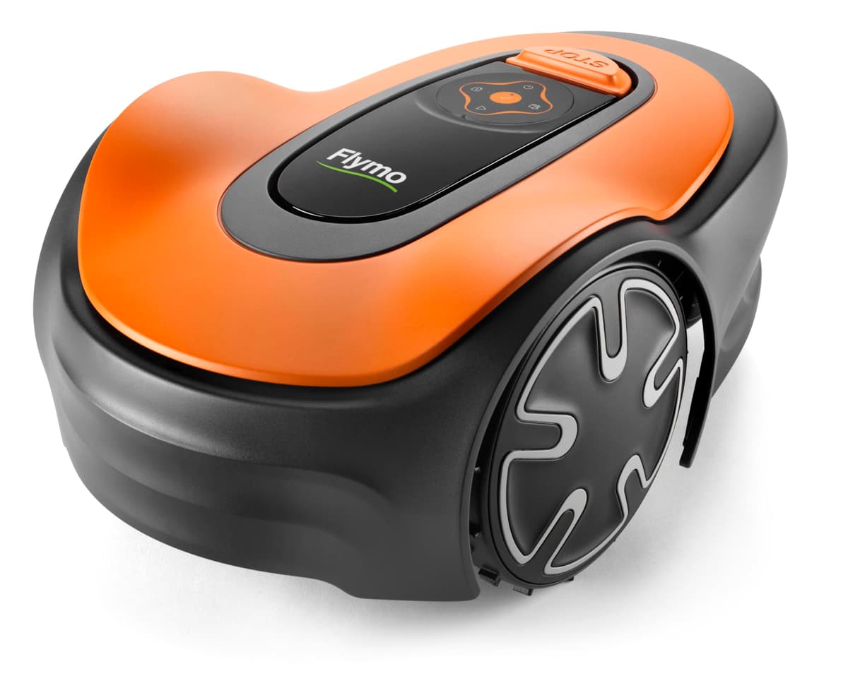 Flymo EasiLife GO 400 Robotic Lawn Mower for the perfect manicured lawn. Easy set-up and installation. Convenient app control. Quietly Safely cuts up to sqm, orange and grey, 400m2