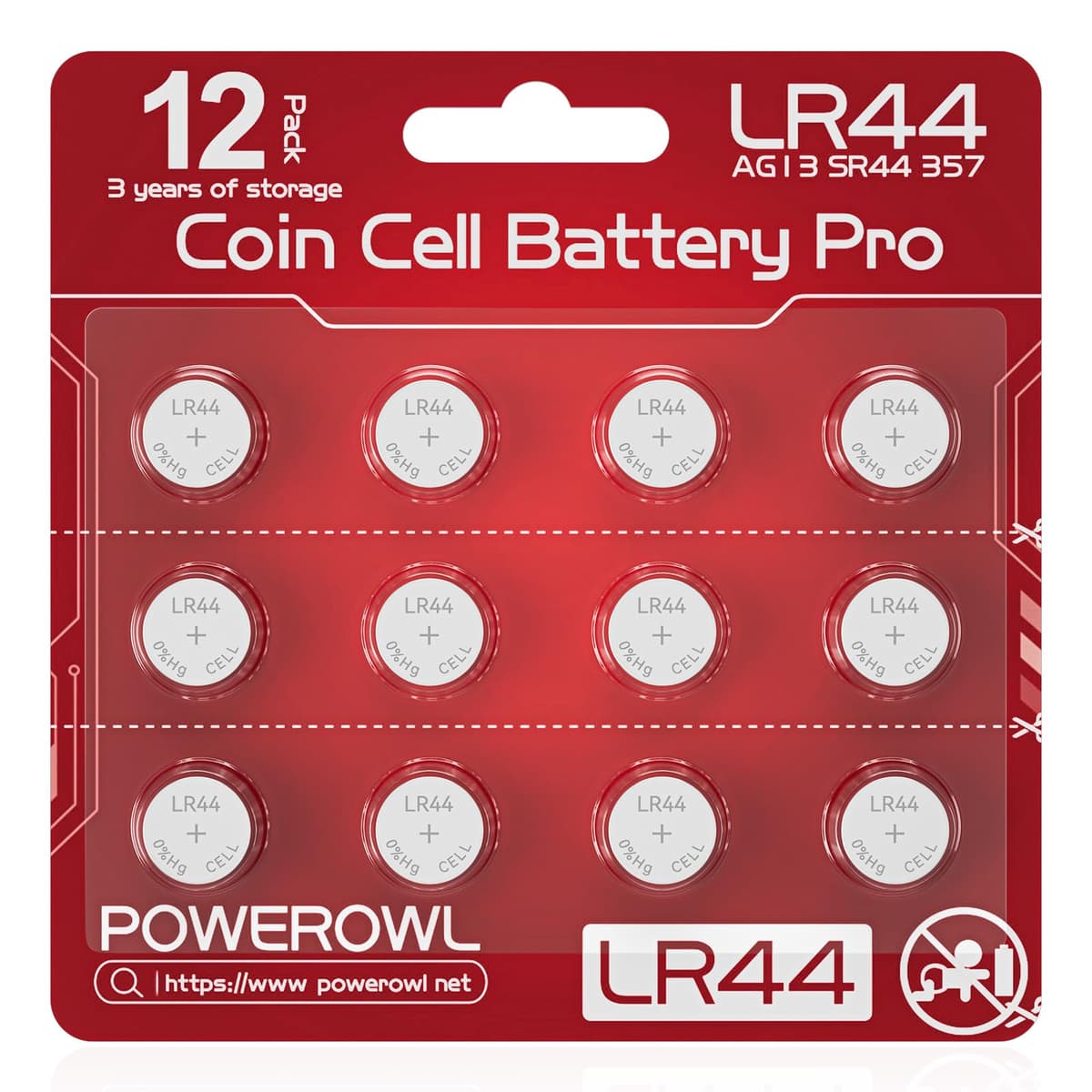 POWEROWL 12 Pcs LR44 Batteries for Watches, Christmas decorations, Bottle Lights, and Small Electronics (Red)