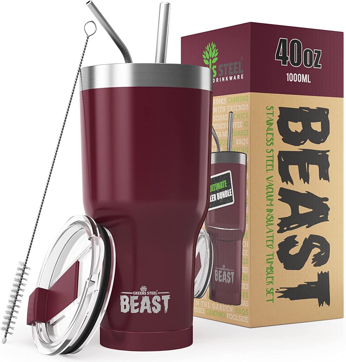 Greens Steel Beast Tumbler – 550 ml (20 oz), Coral | Vaso de acero inoxidable reutilizable con aislamiento al vacío | con 2 pajitas y cepillo de limpieza | Termo de viaje de doble pared — view 18