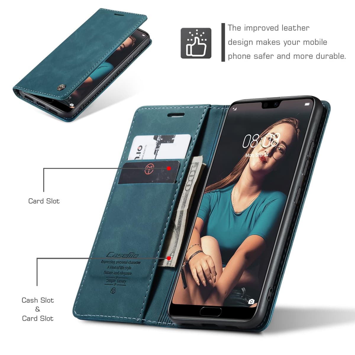 for Huawei P20 Case, Wallet Case Flip Leather with Card Holder Magnetic Closure Shockproof Kickstand Protective Phone Cases Cover for Huawei P20,Blue-Green — view 2