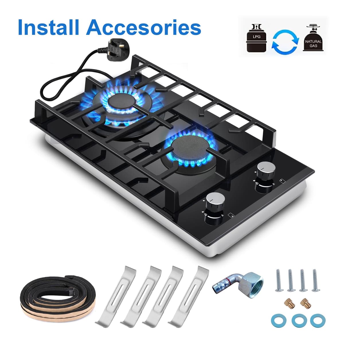 TopStrong Gas Hob 2 burners, 30cm Built in 2 Burners Gas on Glass Hob, NG/LPG Convertible, Flame Out Protection, Cast Iron Supports, 5200W — view 7
