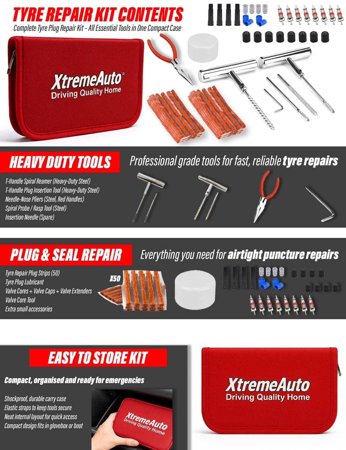 Xtremeauto 87pcs Tyre Repair Kit Heavy Duty Tyre Plug Kit Universal Tubeless Tyre Puncture Repair Kit with 50 Rubber Strips for Cars, Vans, Trucks, Motorcycles, ATV & Tractor — view 2