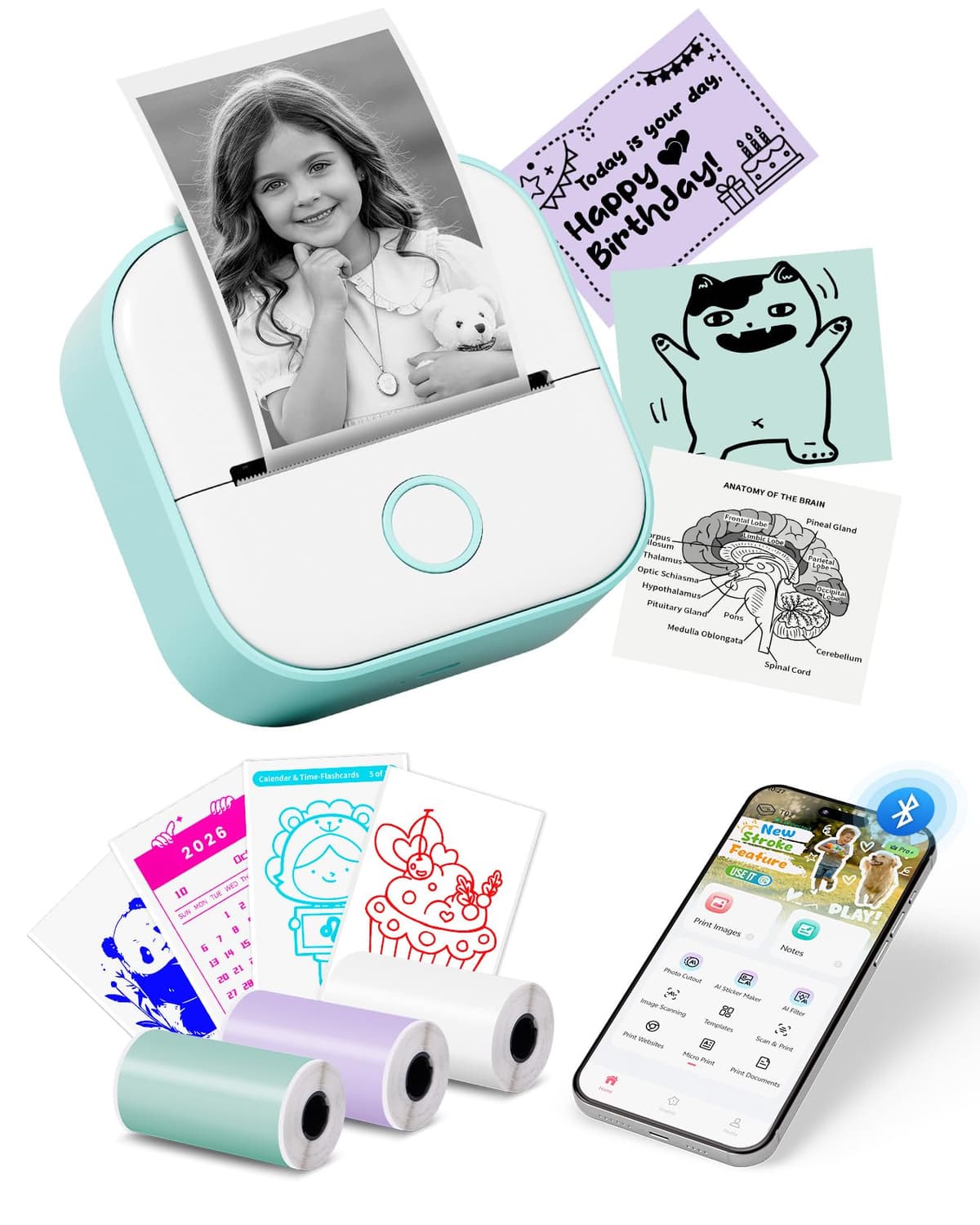 Memoking Sticker Printer - T02 Mini Thermal Printer for Kids, Smart AI APP, Portable Bluetooth Sticker Label Maker Machine, Pocket Phone Printer for iPhone, for Study, Anatomical Diagram, DIY, Photos