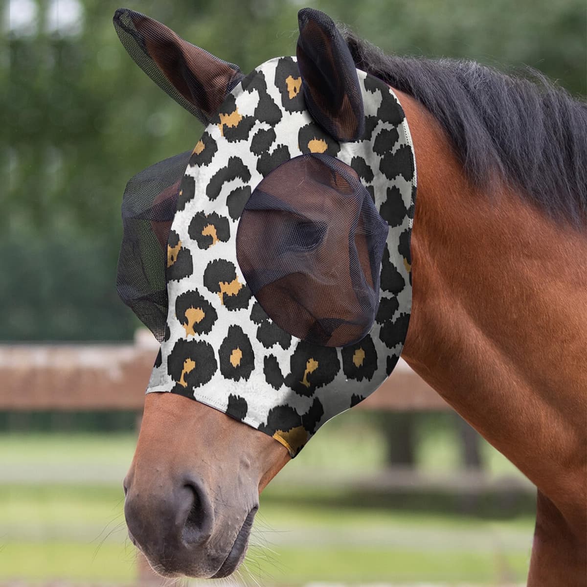 Máscara Antimoscas para Caballos, 1PCS Máscara de Mosca de Caballo con Orejeras,Estampado de Leopardo Máscaras Faciales para Caballos Anti-UV, Malla Transpirable, máscara de Freno elástica.
