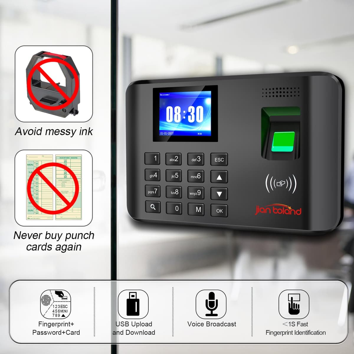 A5 Clocking in Machine for Employees Small Business-Fingerprint, RFID and PIN Biometric Time Clock, Office Punch Clock, with 5 Badges (0 Monthly Fees) — view 2
