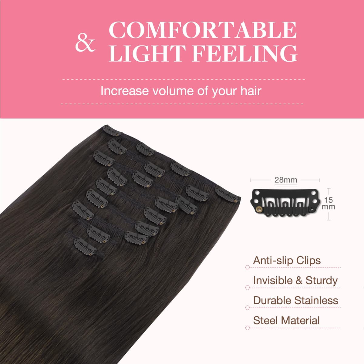 GOO GOO Clip in Hair Extensions Human Hair, 18inch 150g 9Pcs, #2 Dark Brown, Hair extensions for women, Human Hair Extensions Clip in — view 64