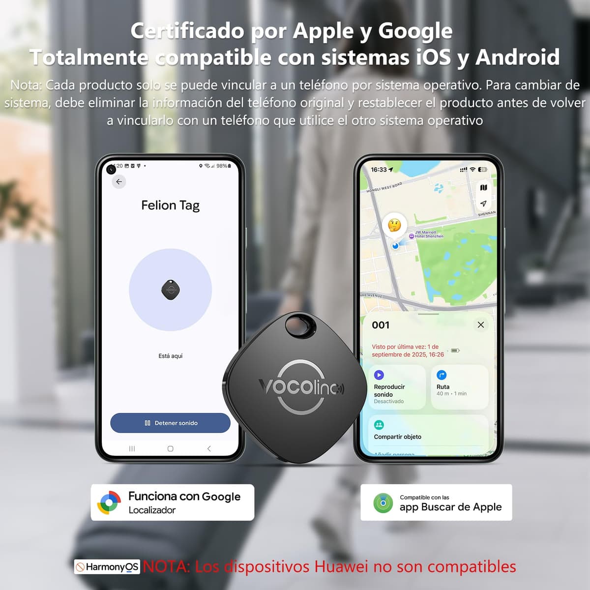 VOCOlinc Smart Tag para Android & iOS, Dual Sistema Buscador de Objetos Compatible con Google Localizador o Apple Buscar App, Localizador de Artículos para Llaves/Equipaje/Maleta, Batería Reemplazable — view 3