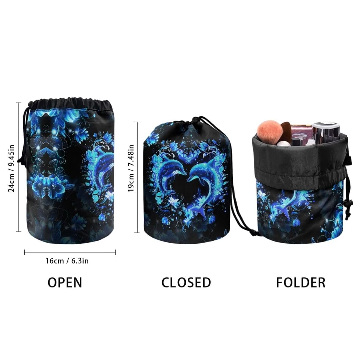 chaqlin Neon Dolphin Travel Cosmetic Bags Barrel Makeup Bag,Women Girls Portable Foldable Cases Multifunctional Toiletry Bucket Bags Round Organizer Storage Pocket — view 2