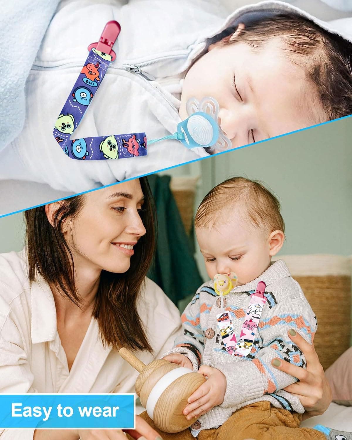 LEEQBCR 4 Pcs Chupetero de clip para Bebé,Ajustable Cadena para Chupete Bebe,Cadena de Chupetes para niños y niñas,Diseño de Una Pieza,Sin BPA,Protege a tu bebe — view 5
