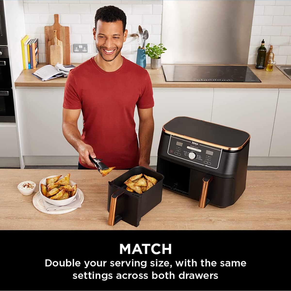 Ninja Foodi MAX Dual Zone Air Fryer, Amazon Exclusive, Tongs, 2 Drawers, 9.5L, 6-in-1, Use No Oil, Air Fry, Max Crisp, Roast, Bake, 8 Portions, Nonstick Dishwasher Safe Baskets, Copper/Black AF400UKCP — view 7