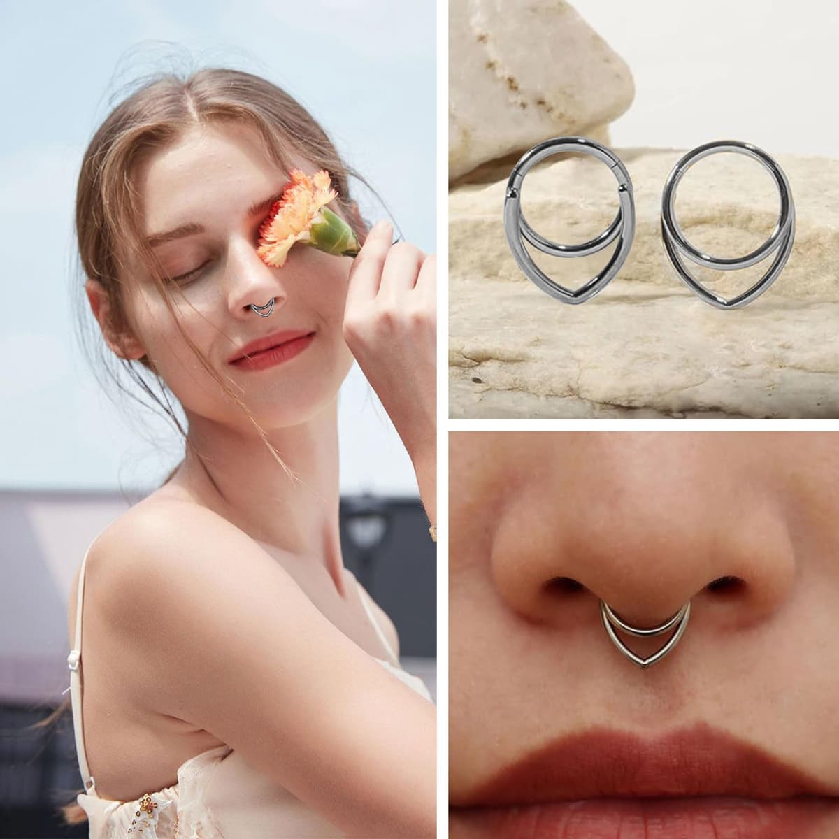 LunarCharm Set of 2 Stacked Septum Rings, 16G Hoops, 316L Stainless Steel, 12mm Hinged Septum Clicker, Nose Ring Piercing, Body Piercing Lip Rings — view 4