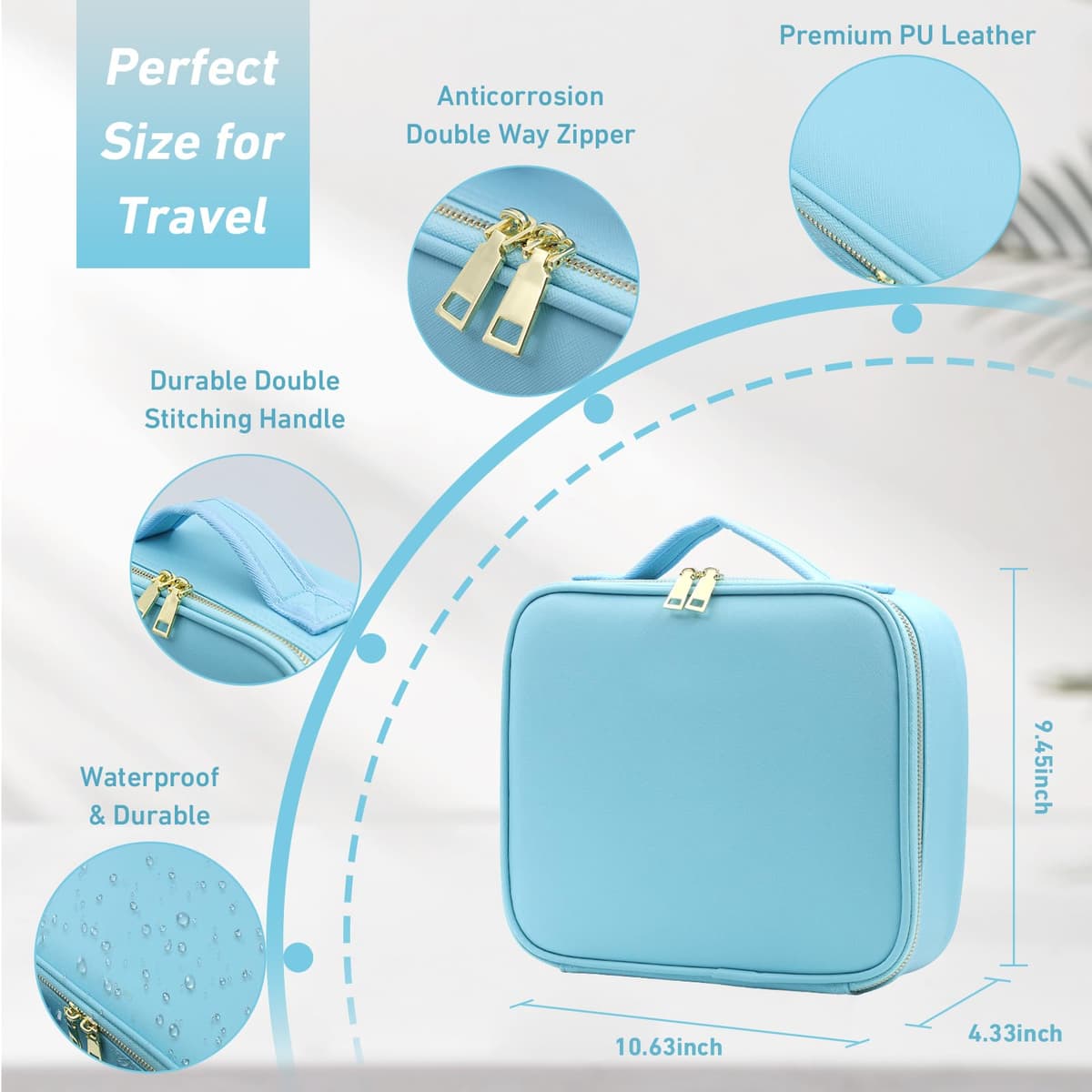 Travel Makeup Bag with Mirror and Lights, Makeup Case with Lighted Mirror 3 Color Lights Adjust Brightness, Travel Cosmetic Case Makeup Organizer Bag with Adjustable Dividers & Brushes Holder(Blue) — view 3
