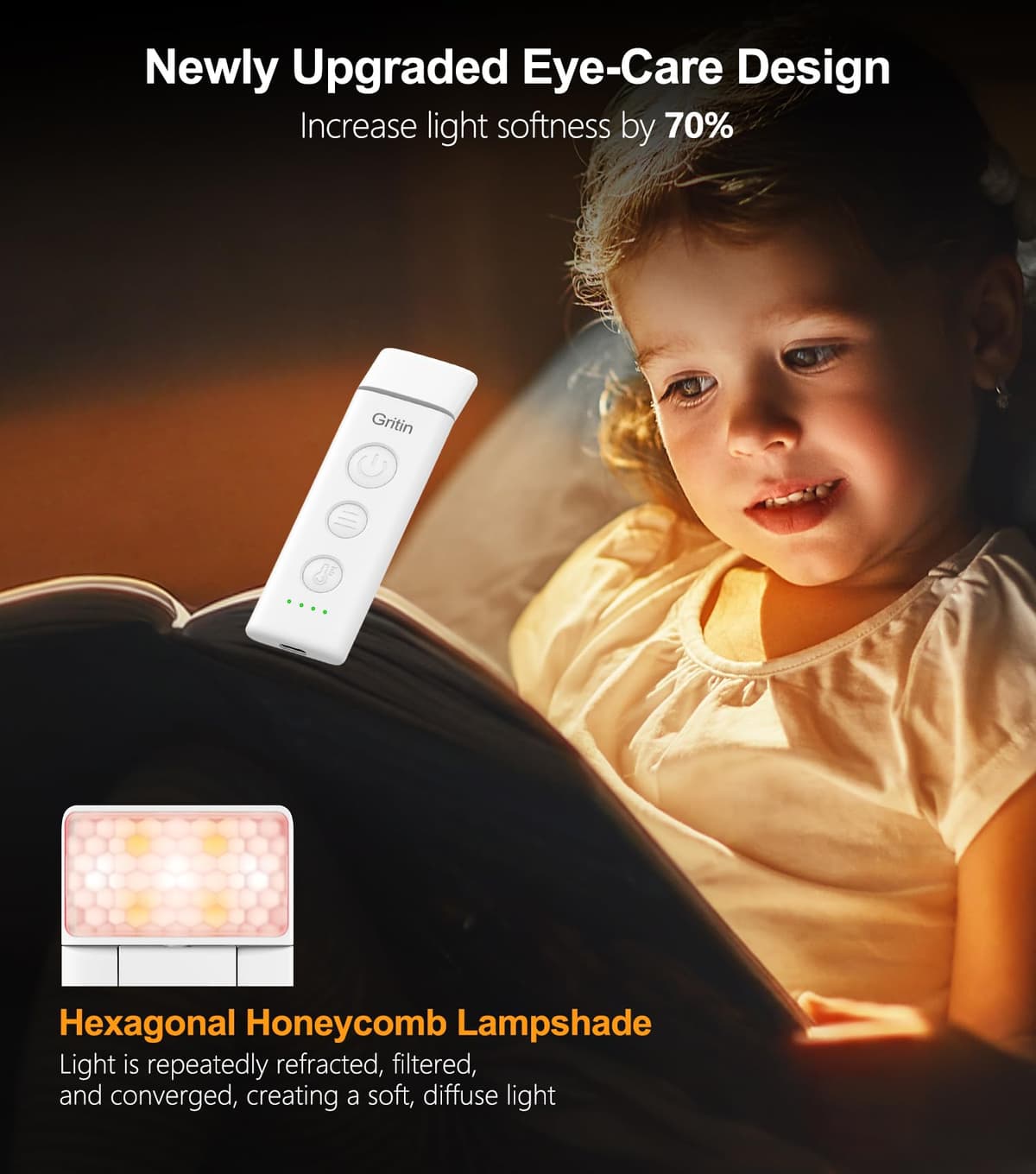 Gritin Book Light Rechargeable, Reading Light Lamp Clip on Books, 3 Eye-Protecting Modes (Mixed/White/Amber), 5 Brightness & Stepless Dimming, Long Battery Life, Flexible Reading Lamp for Readers — view 4