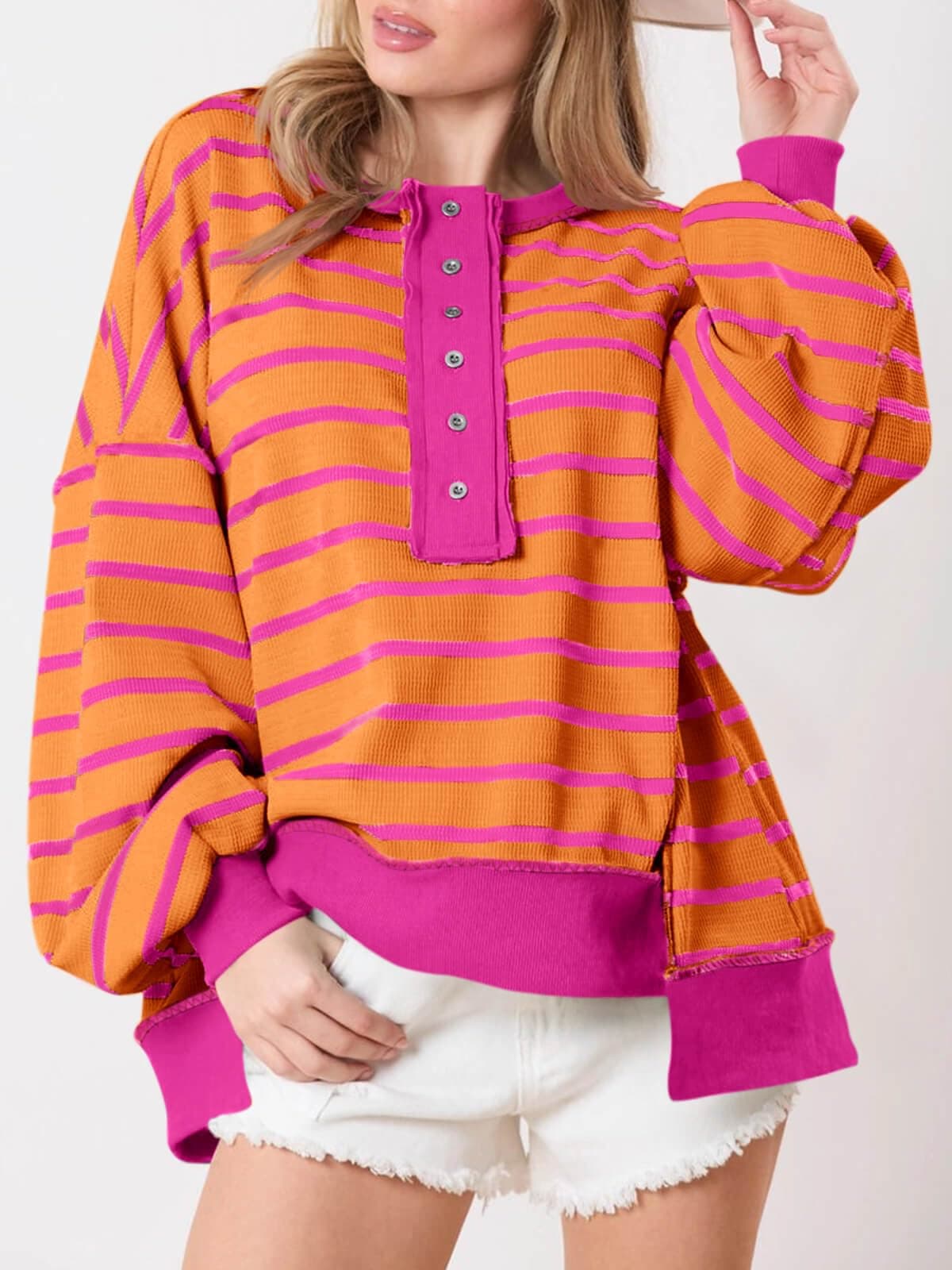 Sudaderas de gran tamaño para mujer, a rayas, estilo Henley, con bloques de color, informal, de punto gofre — view 3