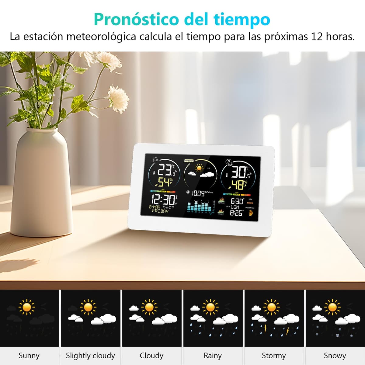 Estación meteorológica inalámbrica con sensor exterior, pantalla digital a color, reloj controlado por radio DCF, termómetro, higrómetro, estación meteorológica inalámbrica con previsión meteorológica — view 6
