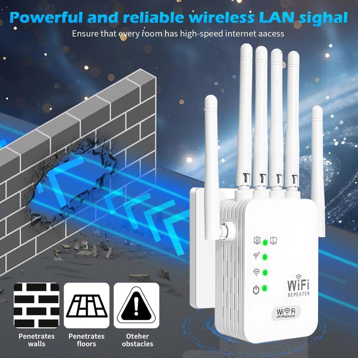 WiFi Booster Range Extender 1200Mbps, Dual Band WiFi Signal Amplifier 5.8GHz & 2.4GHz, 6 Antennas WIFI Signal Booster Repeater with Ethernet Port, Wireless Internet Booster/Hotspot with 360° Coverage — view 4