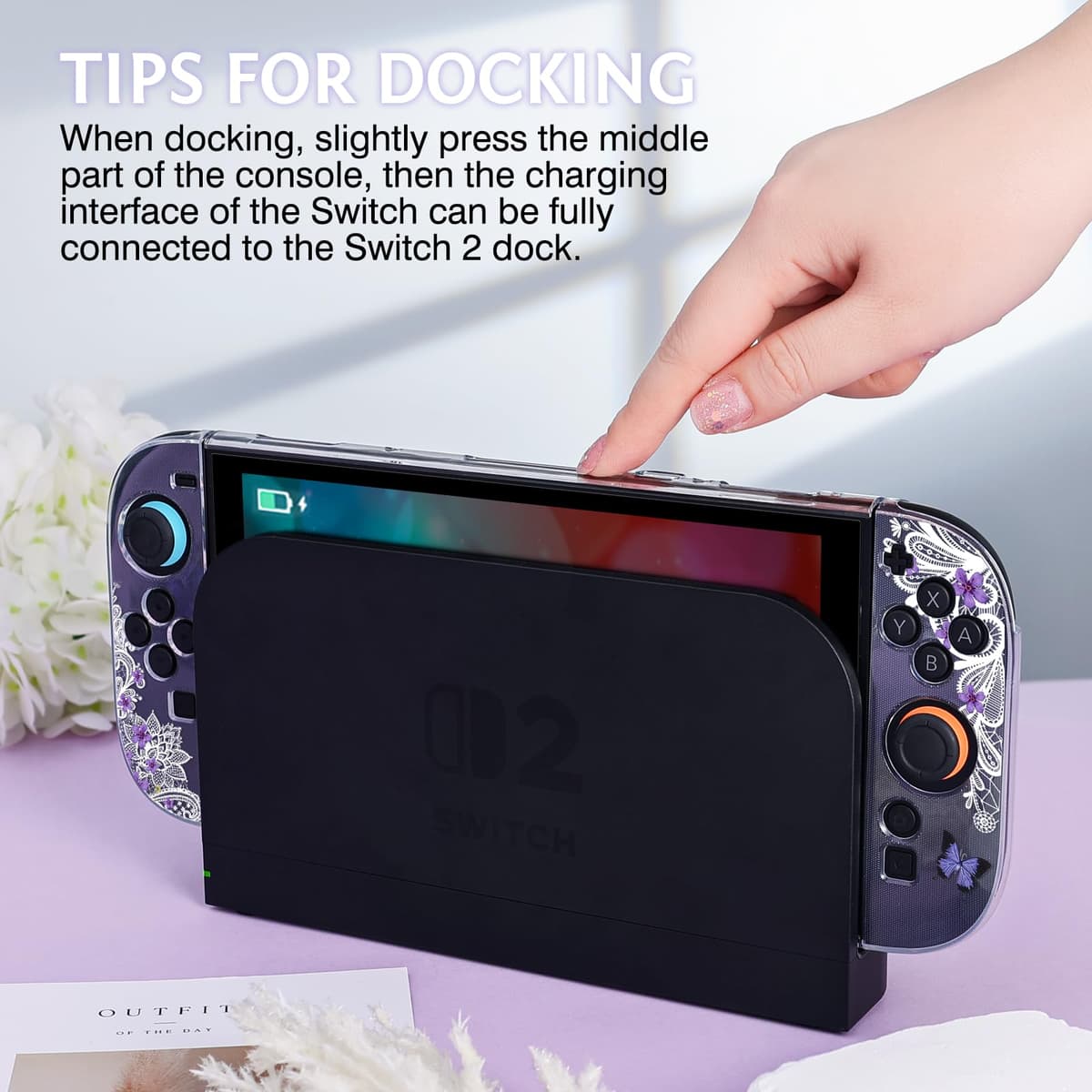 DLseego Clear Case Compatible with Switch 2,Anti-Scratch Slim Cover Case Pretty Printed Flowers PC Hard Protective Shell for Switch 2 with 2 Soft Joy-C Handle Cover,Butterfly Lace — view 4
