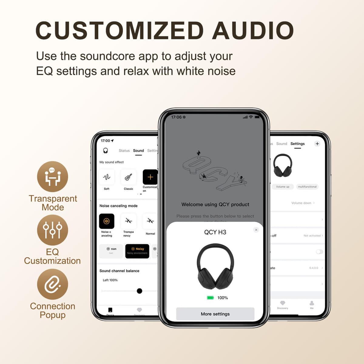 QCY H3 Cascos Inalámbricos Bluetooth 5.4 Diadema con Cancelación de Ruido Activa Híbrida, Hi-Res Audio, 60 Horas de Reproducción, Plegables Auriculares Over Ear Compatible con iOS/Android — view 9