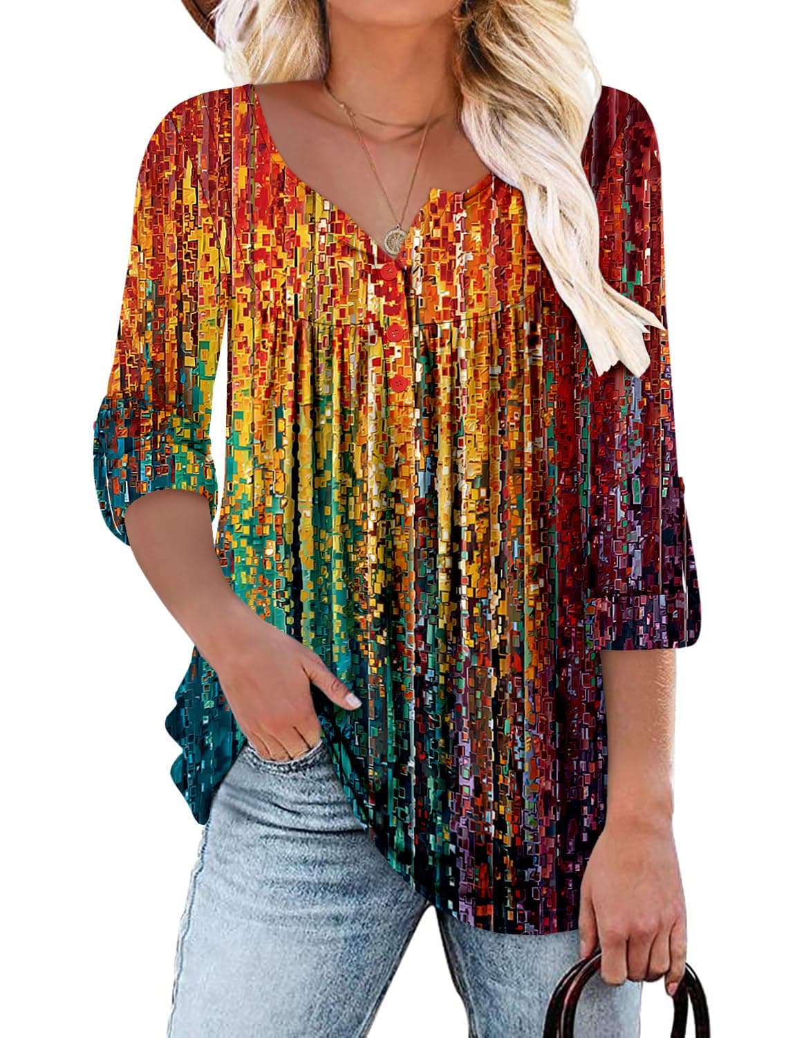 KISSMODA Ladies Pleated Tunic Tops for Women Buttons up Long Sleeve Shirts Floral Print — view 18