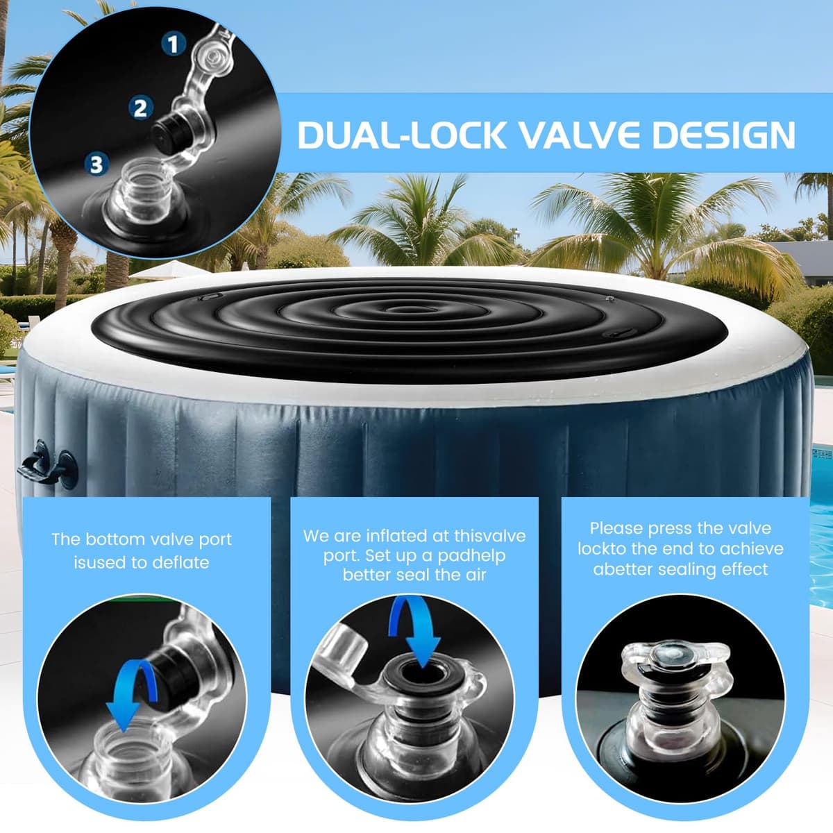 KEAGAN 5.4FT/165CM Inflatable Hot Tub Cover, Energy Saving Lid for Round Hot Tub, Outdoor Inflatable Hot Tub, with Handle, Foldable Protective Rain Overflow Cover for Inflatable Outdoor Hot Tubs — view 3