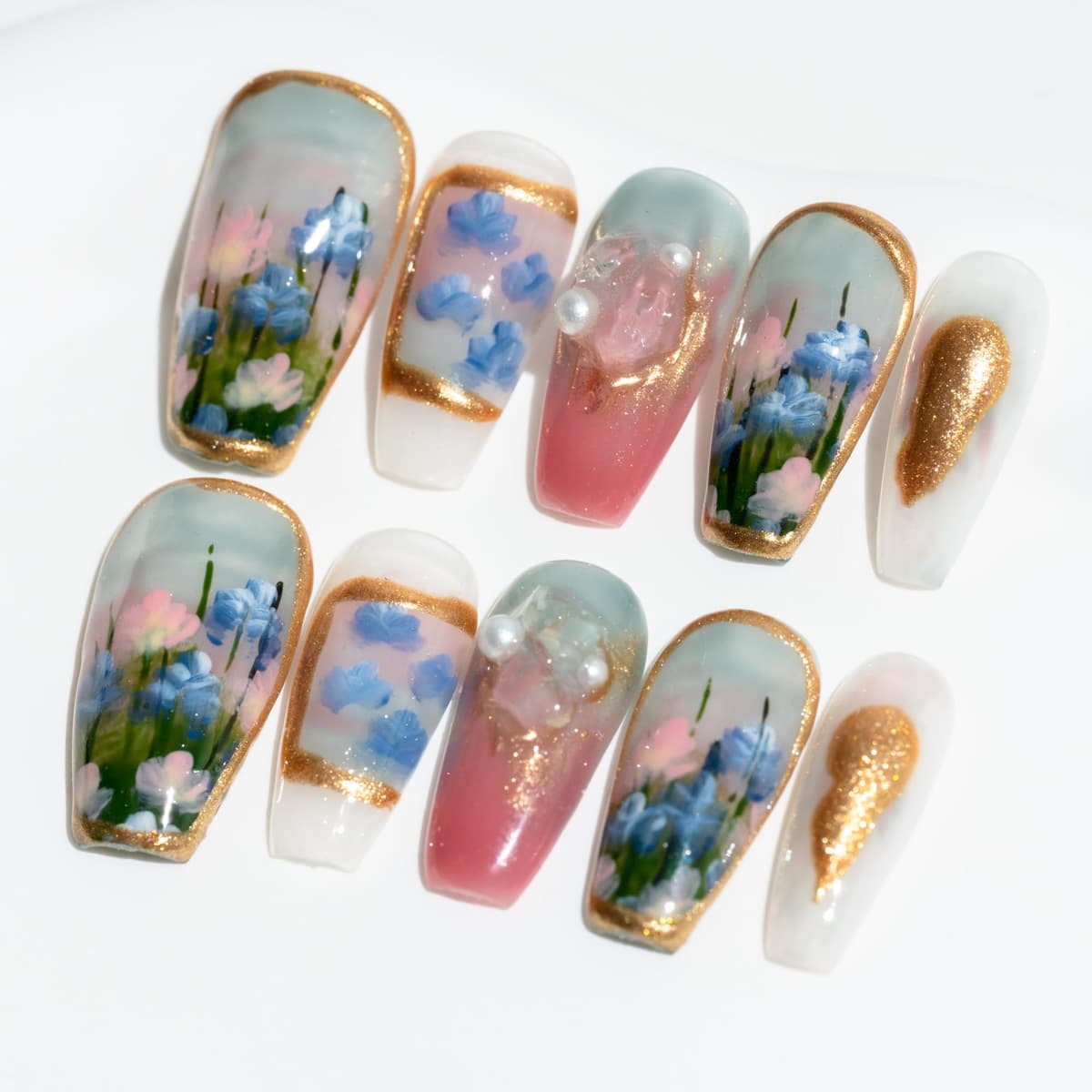 Sun&Beam Nails Handmade Press On Nail Long Coffin Ballerina Pink Flower Acrylic Fake Tip 3D Design Art Charms Cute with Storage Box 10 Pcs (S) — view 98