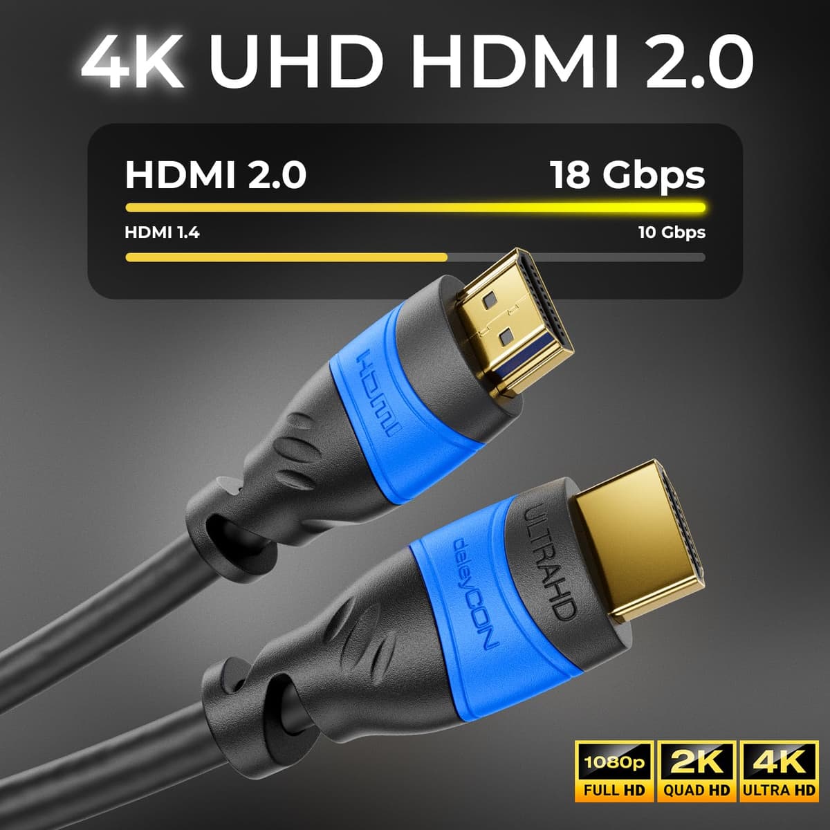 deleyCON 5m Cable HDMI 2.0a/b - Alta Velocidad con Ethernet - UHD 2160p 4K@60Hz 4:4:4 HDR HDCP 2.2 ARC CEC Ethernet 18Gbps 3D Full HD 1080p Dolby - Negro — view 2