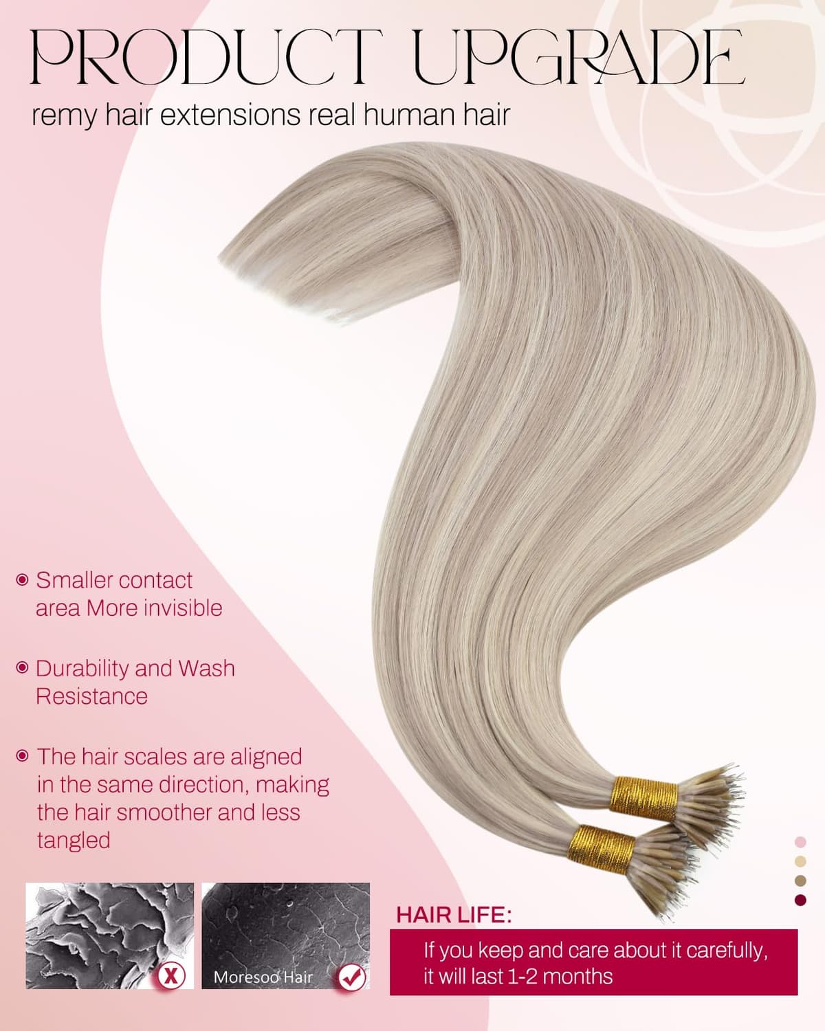 Moresoo Blonde Nano Hair Extensions Human Hair Ash Blonde with Platinum Blonde Nano Beads Human Hair Extensions 18 Inch Blonde Nano Ring Hair Extensions 1g/s 50g/Pack #P18/613 — view 3