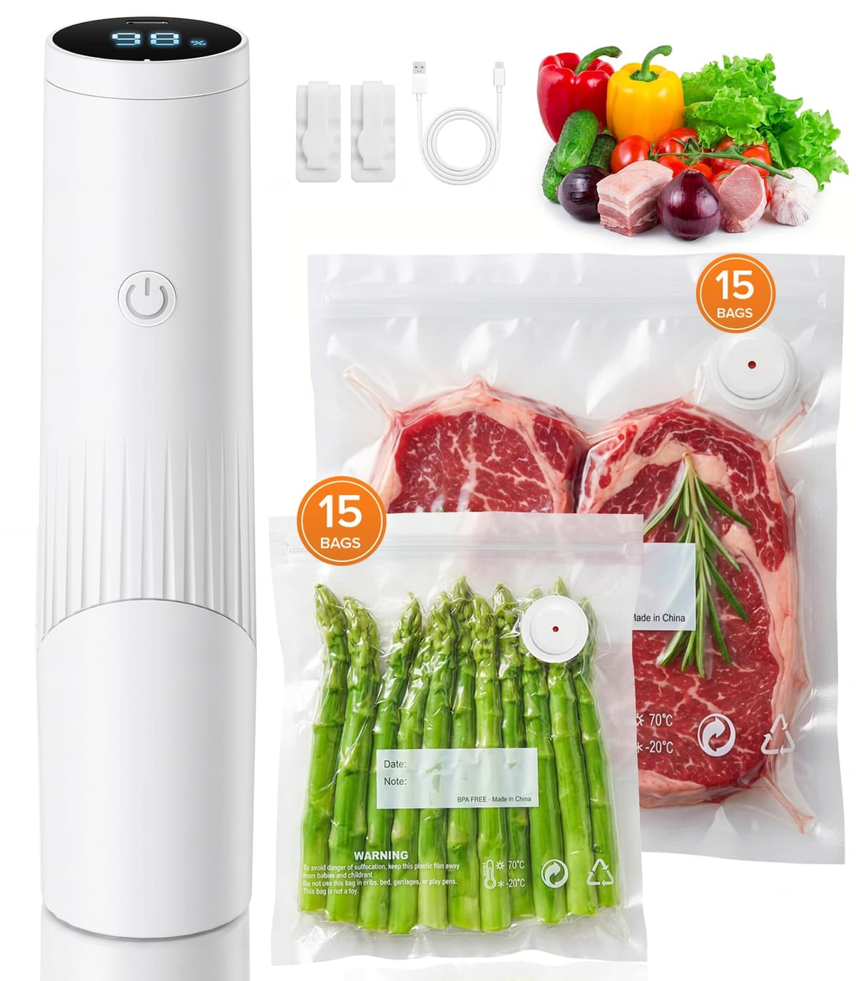1800mAh Compact Vacuum Sealer for Food (Vacuum Sealer Machine + 30 Reusable Bags), 80kPa Powerful Handheld Food Sealer With LCD-Display, Visible Water Tank Portable Seal Meal Saver (White)