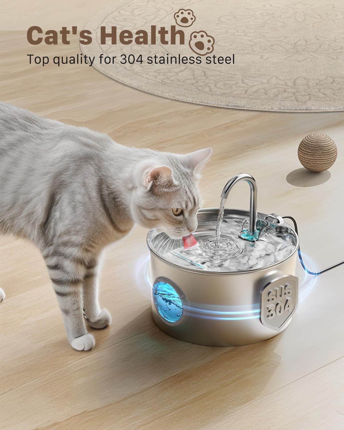 Fuente para Gatos Acero Inoxidable: Bebedero Gatos Automatico - 2.2L Fuente Gato - Fuentes de Agua para Mascota Súper Silencioso - Dispensador Agua Perros - con 6 Filtros + 3 Esponjas — view 2