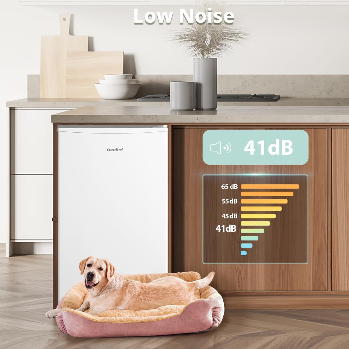 COMFEE' RCU60WH2(E) 60L Freestanding Under Counter Upright Freezer, 4-Star Freezer up to -24°C, 3 Storage Compartmen, Adjustable Thermostat, Reversible Door, White — view 3