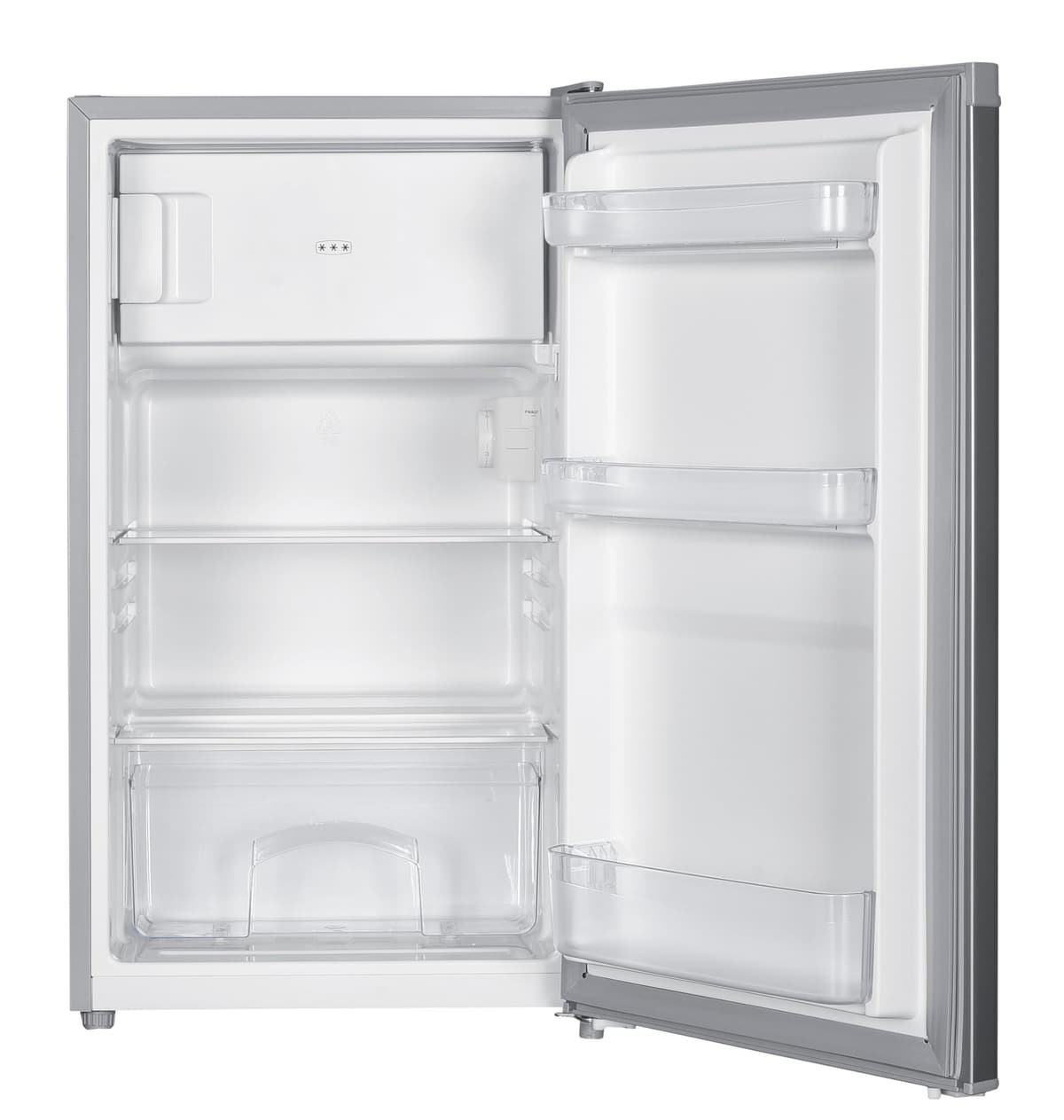 Cookology UCIB80 Undercounter Freestanding Fridge 80 Litre Capacity, Features an Adjustable Temperature Control and Legs, Reversible Door and Ice Box - in Silver — view 3
