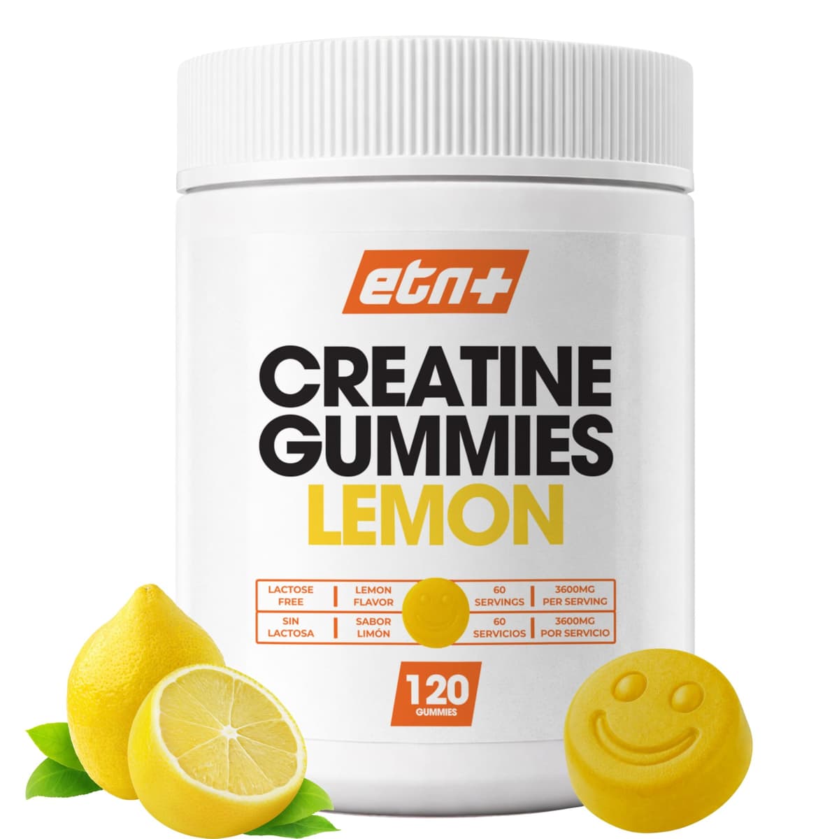 ETN+ Gominolas de Creatina Monohidratada 3600mg | 120 Gummies – 60 Servicios (2 meses) | Sin Azúcar, Sin Gluten | Alternativa Cómoda a la Creatina en Polvo | Ingredientes de Origen Natural | Limón