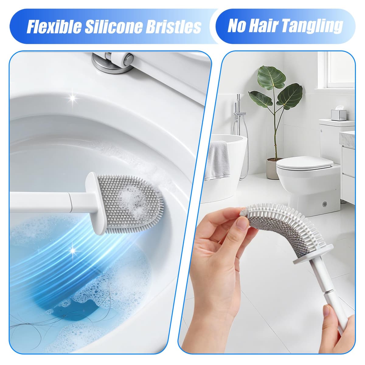 Toilet Brush, 2 Pack Bathroom Silicone Toilet Brushes and Holder Sets with No-Slip Long Plastic Handle and Soft Flexible Bristles, Toilet Brushes with holders and Base for Anti-drip (White) — view 2