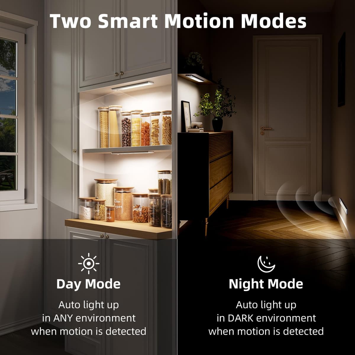 EZVALO Under Cabinet Kitchen Lights, 3 Color Dimmable 62 LED Motion Sensor Lights Indoor, 1600mAh Rechargeable LED Lights for Cupboard, Kitchen (20.5cm, 2 Pack) — view 5