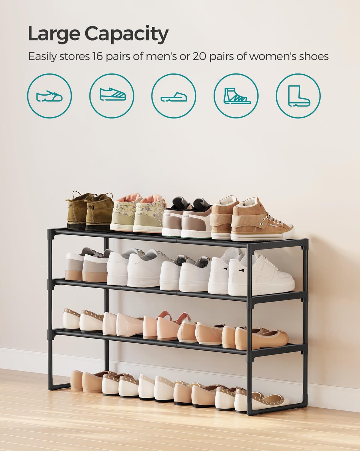 SONGMICS 3-Tier Shoe Rack, Shoe Storage Organiser, Metal Storage Rack, Upright or Upside Down, Fits 16 to 20 Pairs, Stackable, for Hallway, 30 x 92 x 55 cm, Black LSA303B02 — view 5