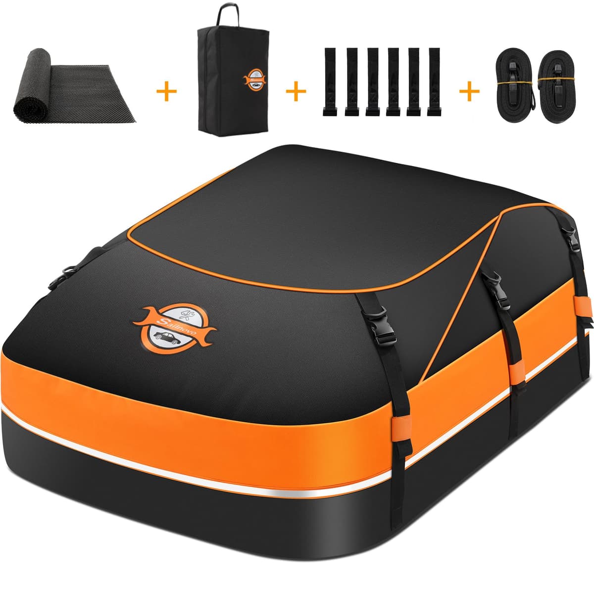 Sailnovo Cofre Techo Coche 595L - Bolsa Impermeable Plegable 1000D PVC con 8 Correas, 6 Ganchos para Puerta Y Alfombrilla Antideslizante, para Coche con/Sin Barras Portaequipajes, Viajes Y Transporte