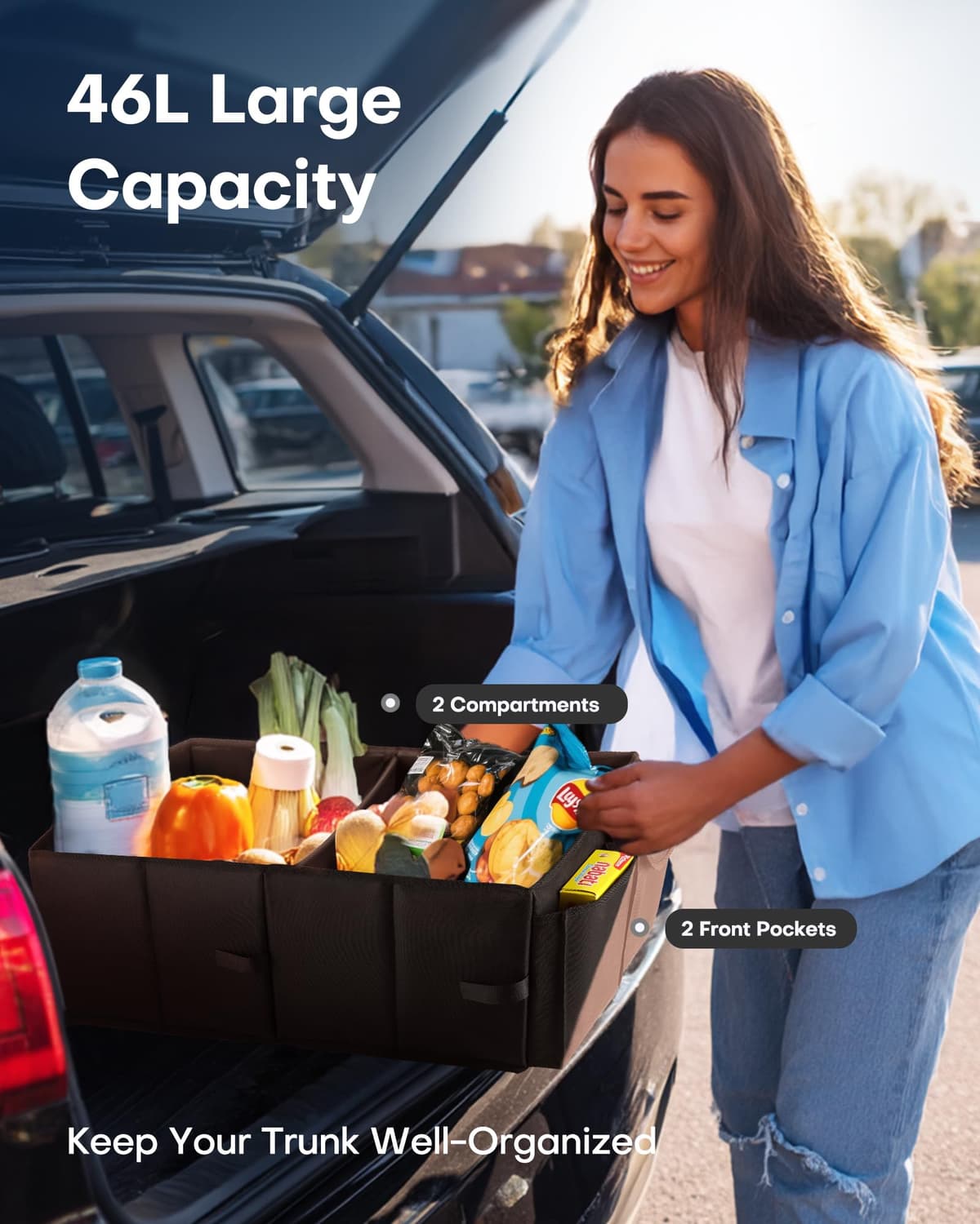 HOTOR Car Boot Oganiser - Large-Capacity Auto Trunk Organizer Collapsible Multi Compartments, Foldable Boot Storage for SUVs, Sturdy Car Accessories for Men Camping Tools, Black, 54.0 × 32.0 × 27.0 cm — view 2