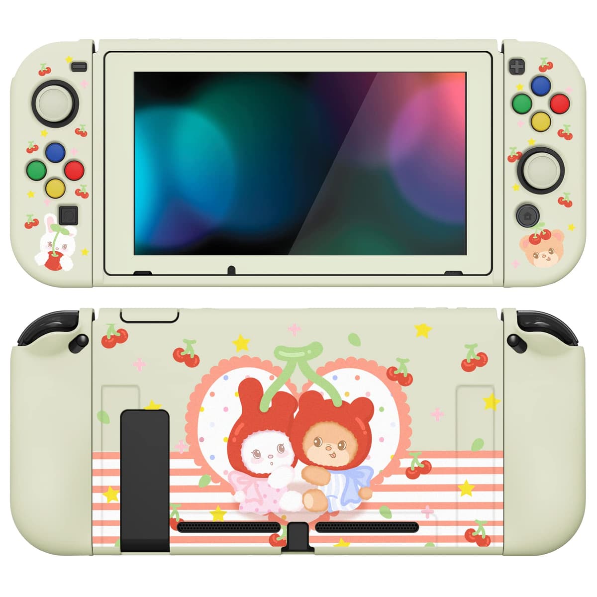 playvital ZealProtect Soft Protective Case for Nintendo Switch, Flexible Cover Protector for Switch with Screen Protector & Thumb Grip Caps & ABXY Direction Button Caps - Cherry Bunny & Cherry Bear