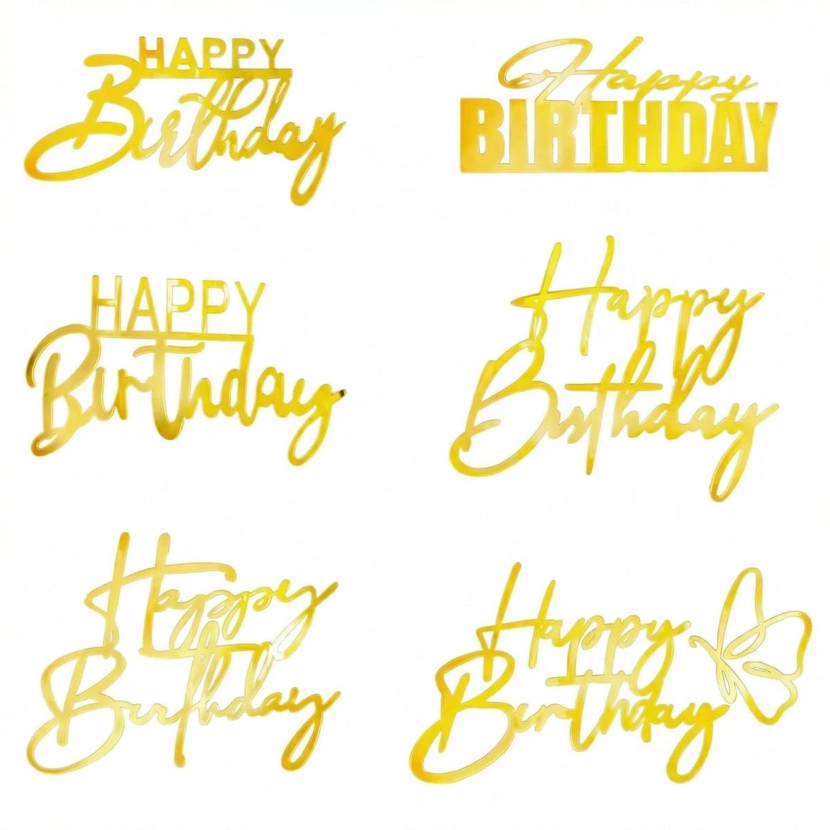 6 Pcs Golden Happy Birthday Cake Topper, Acrylic Birthday Cake Toppers Birthday Cakes Sign Picks Cupcake Decoration Cakes Stick Decor for Celebrating Birthdays Party Dessert Decor