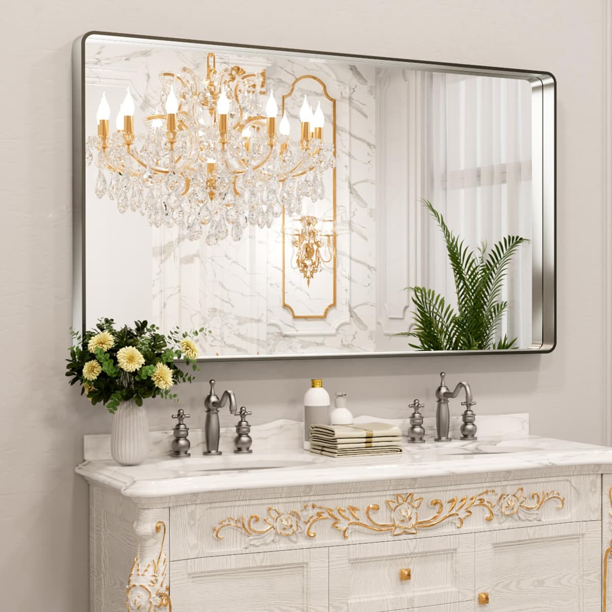 LOAAO 48”X36” Gold Bathroom Mirror, Rounded Rectangle Gold Frame Mirror, Brushed Gold Bathroom Vanity Mirror Wall-Mounted, Anti-Rust, Tempered Glass, Hangs Horizontally or Vertically — view 34