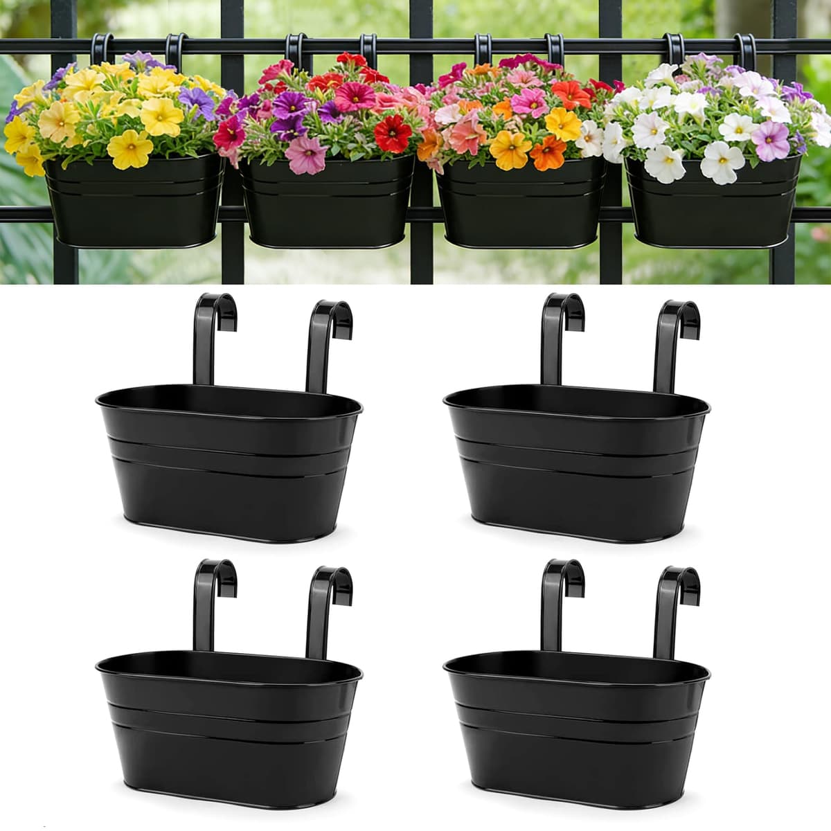 RIOGOO Macetas de metal Hierro Colgantes Macetas de jardín Macetas de balcón Macetas de metal Cubo de flores Soportes para colgar en la pared Maceta de decoración - Gancho desmontable (4 PCS) (blanco) — view 8