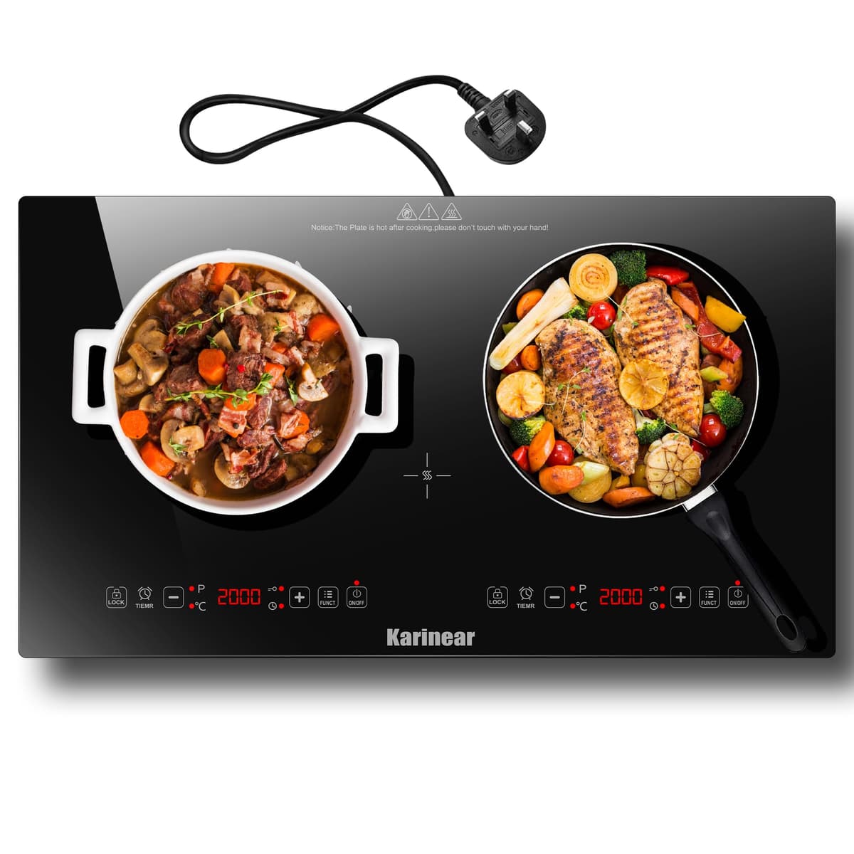 Karinear Double Ceramic Hob, Desktop Plug in 2 Zone Electric Ceramic Hob with LED Display, 4-Hour Timer, 9 Power up to 2800W, Safety Lock — view 10