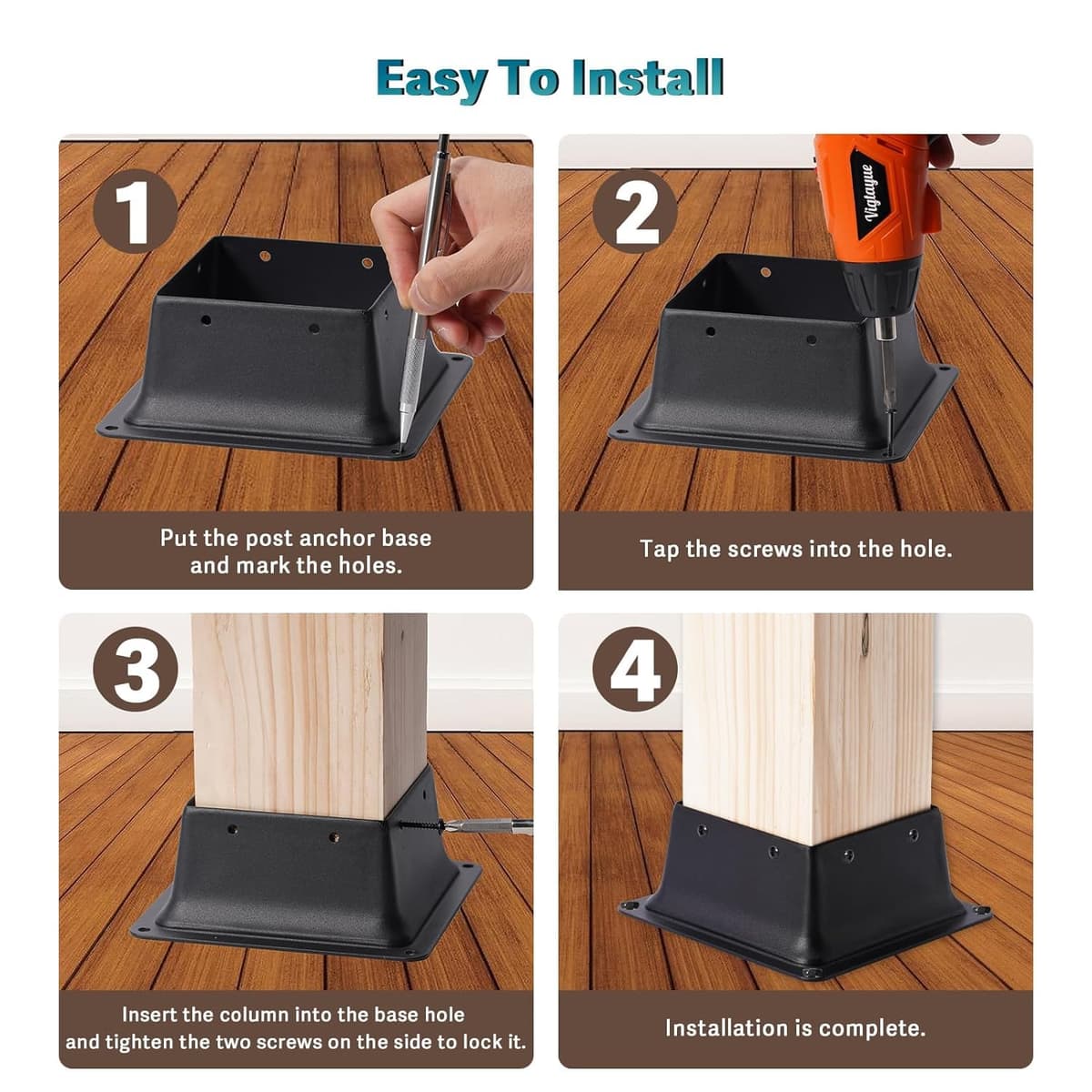 4 x 4 Post Base, 1 Pcs (Inner Size 4"x4"Deck Post Base) Fence Post Anchor Black Powder-Coated Deck Post Base Fit 4"x4" Standard Wood Post Anchor for Deck Porch Handrail Railing Support — view 5