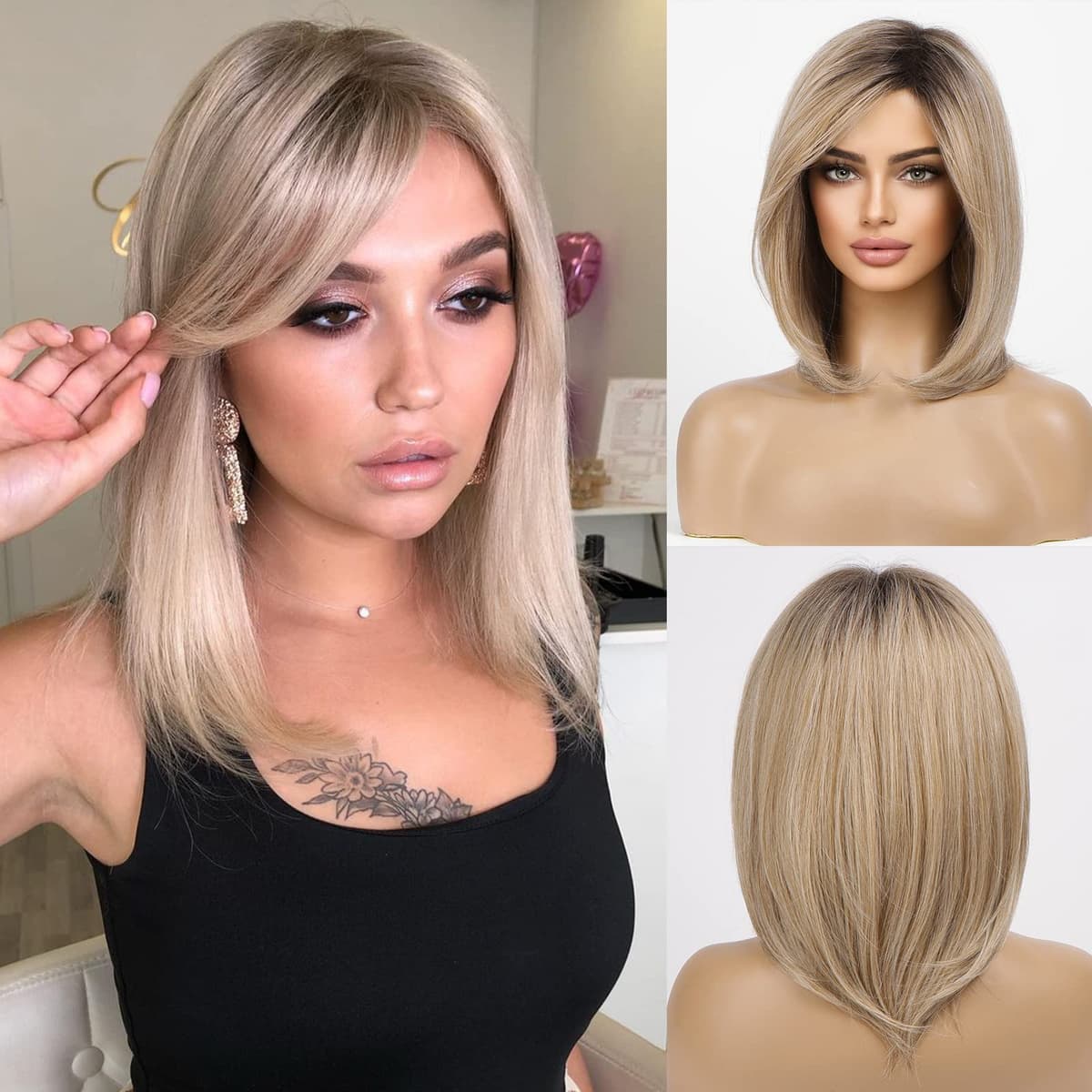 HAIRCUBE recto y corto encanto Bob lleva peluca para mujeres fiesta de fibra sintética resistente al calor natural/juego de roles/ropa/peluca diaria (Raíces marrones sombras Rubias) — view 10