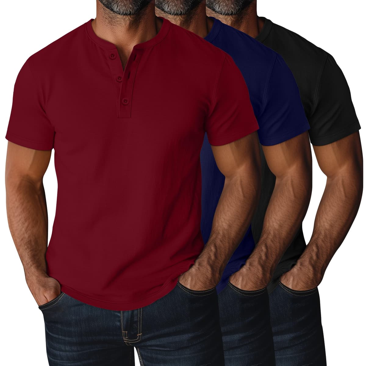 Ficerd 3 Piezas Camisetas Henley para Hombres de Talla Grande y Alta, Manga Corta, Oversize Holgadas, Básicas Casuales Tops — view 12