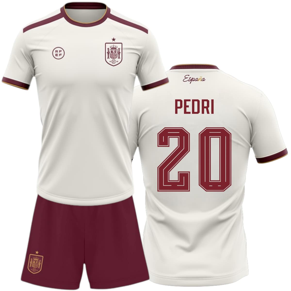 Champion's City Kit España Mundial 2026-2028 | Réplica Camiseta y pantalón | Pedri 20 | Color Blanco y Granate | Conjunto fútbol para Adulto y niño