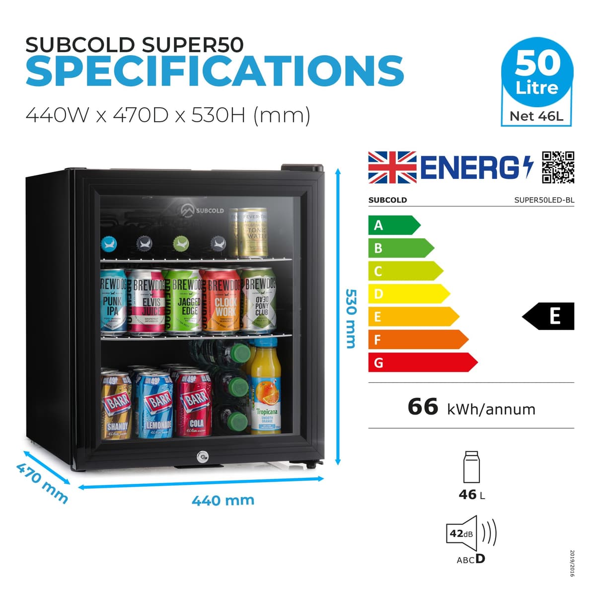 Subcold Super50 LED – Mini Fridge Black | 50L Beer, Wine & Drinks Fridge | LED Light + Lock & Key | Energy Efficient (Black) — view 5