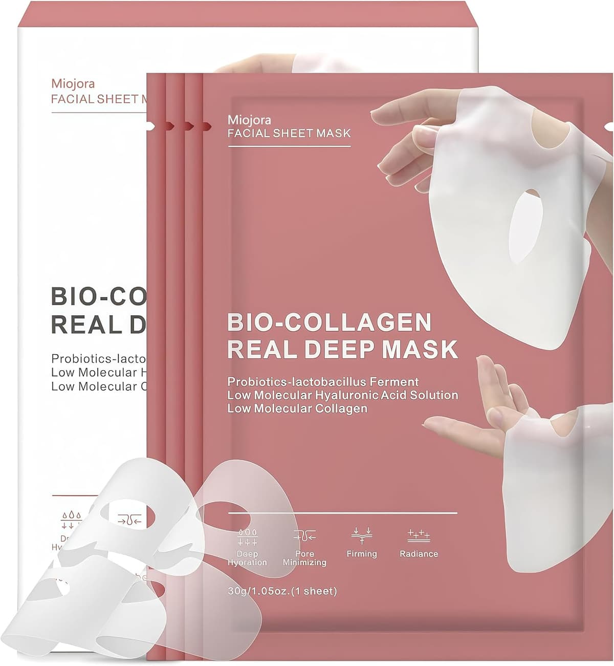 Bio Collagen Face Mask (4 Pack), Overnight Deep Hydrating Collagen Mask for All Skin Types, Anti-Aging Sheet Mask, Helps to Minimize Wrinkles, Restores Skin Elasticity & Plumpness (Pink(34g x 4ea))