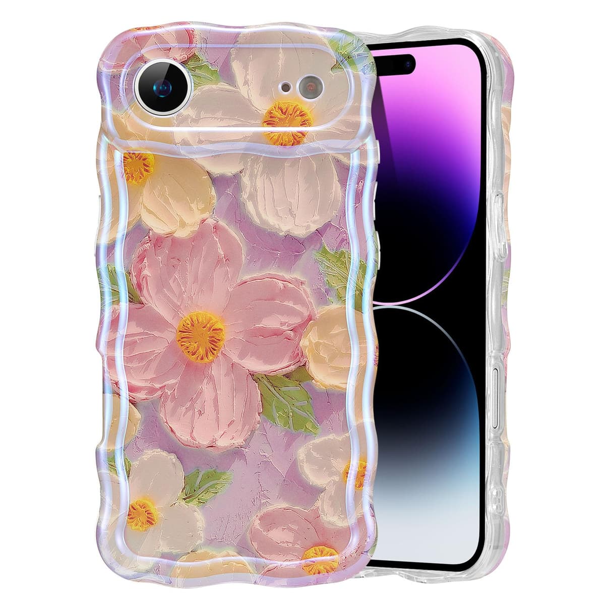 EYZUTAK Case for iPhone 16, Colorful Retro Oil Painting Printed Flower Laser Glossy Pattern Cute Curly Wave Edge Exquisite Phone Cover Stylish Durable TPU Protective Case for Girl Women-Green — view 42